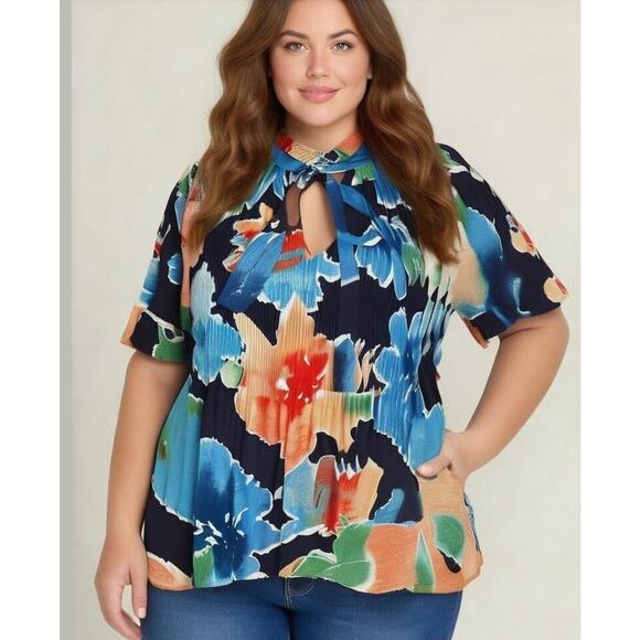 Lauren Ralph Lauren Tie V-Neck Crinkle Chiffon Multicolor Floral Blouse 3XL - Picture 1 of 6